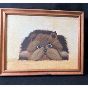 Vintage Framed Kitschy Yorkshire Puppy Dog Oil Painting By M. Whitaker